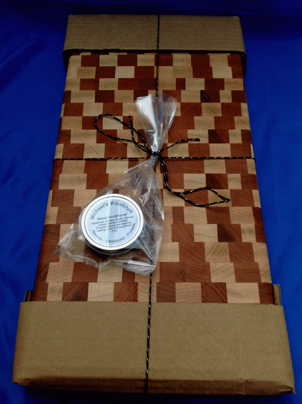 end grain cutting board with wood conditioner ready to ship