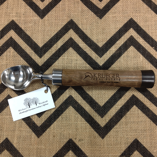 Engraved personalized Handcrafted-Ice-Cream-scoop with heavy duty stainless steel hardware and handle Greenville SC woodwork woodcrafts wedding gifts realtor gifts