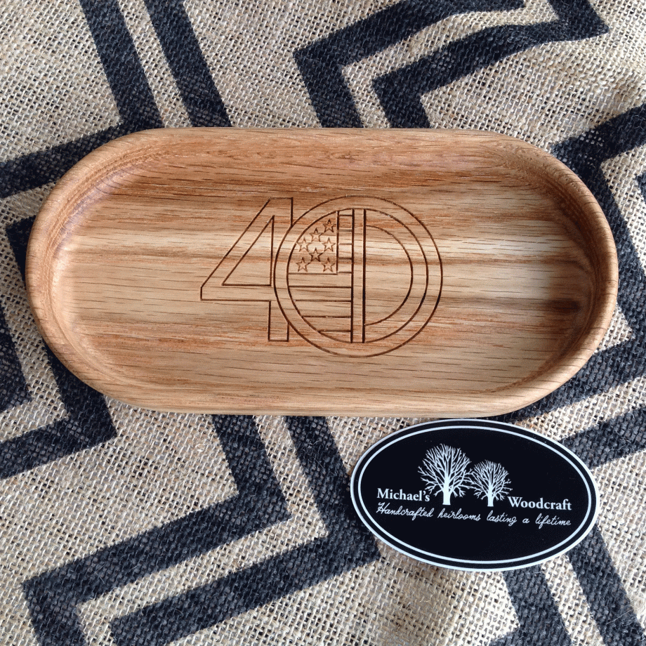 White Oak catchall tray with business logo engraved valet tray Michael's Woodcraft Greenville SC woodwork